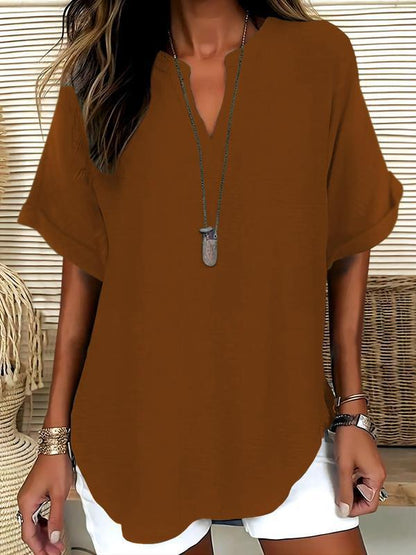 Zyvara | Linen Notch Neck Curved Hem Relaxed Short Sleeve Top
