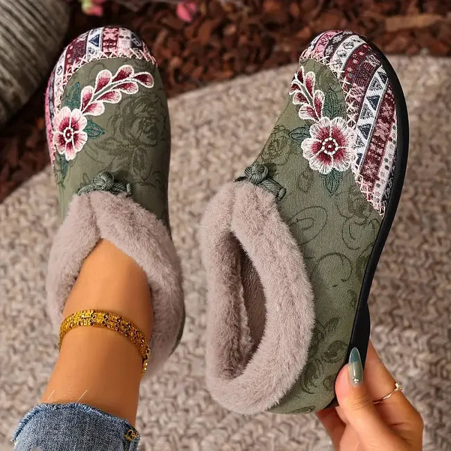 Petaline | Floral Embroidered Fleece Lined House Shoes