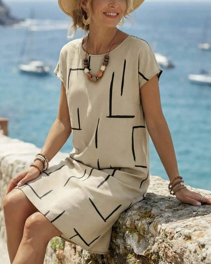 Sage | Geometric Print Round Neck Relaxed Midi Dress