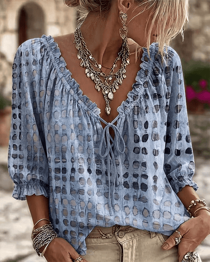Lorevienne | Textured Polka Dot Peasant Top