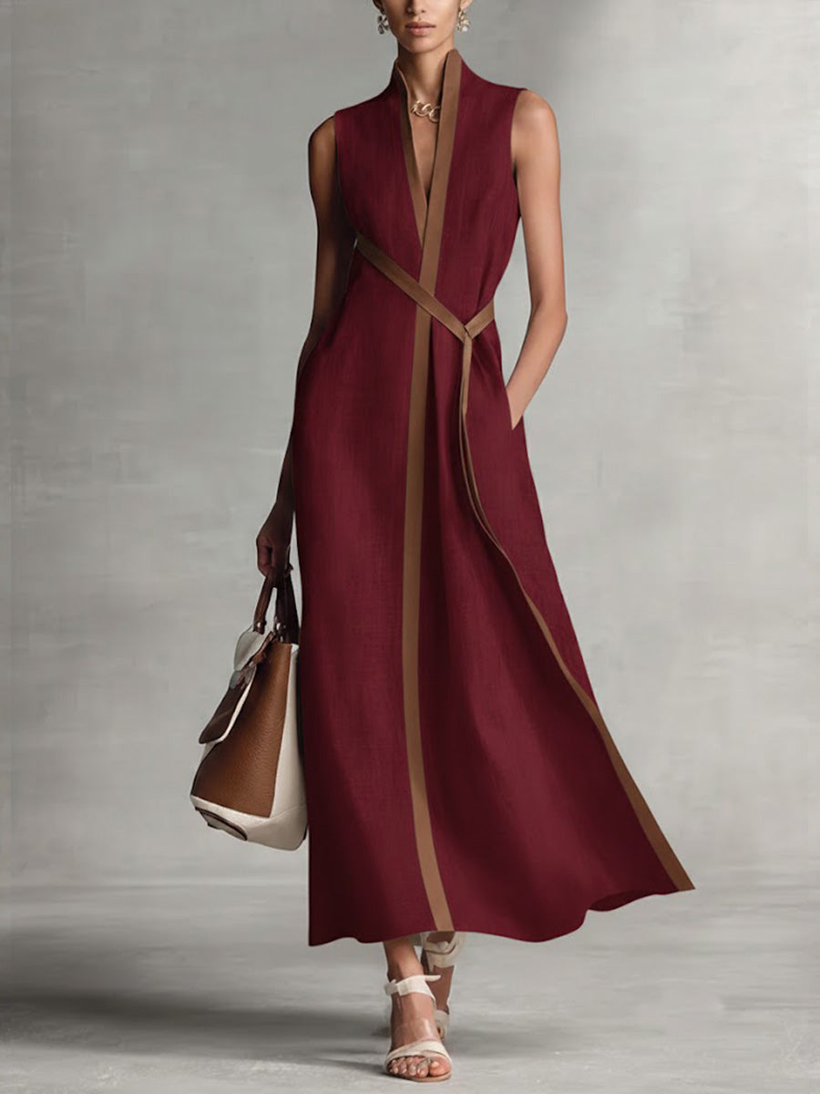 Kavryn | Contrast Trim Wrap V-Neck Sleeveless Flared Maxi Dress