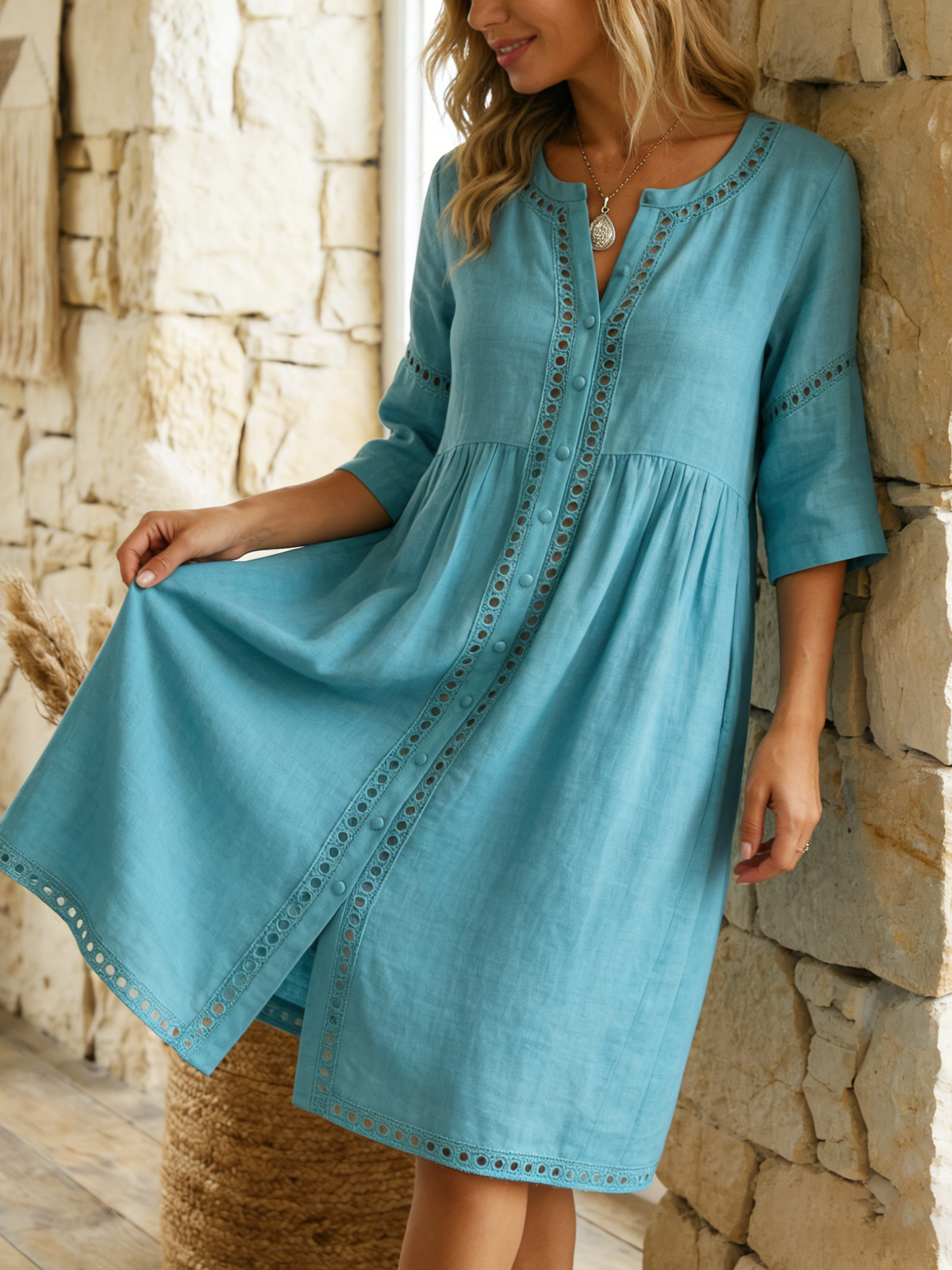 Kavryn | Linen Lace Trim Button Front Three-Quarter Sleeve Midi Dress