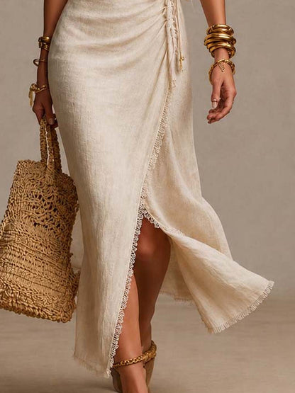 Alessara | Ruched Wrap Linen Maxi Dress