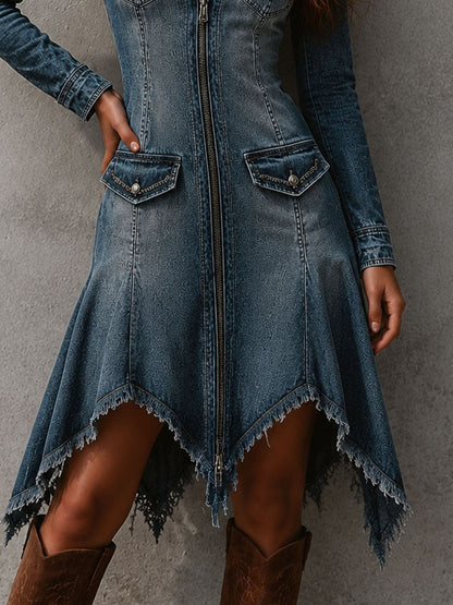 Arielle | Zip Front Denim Midi Dress