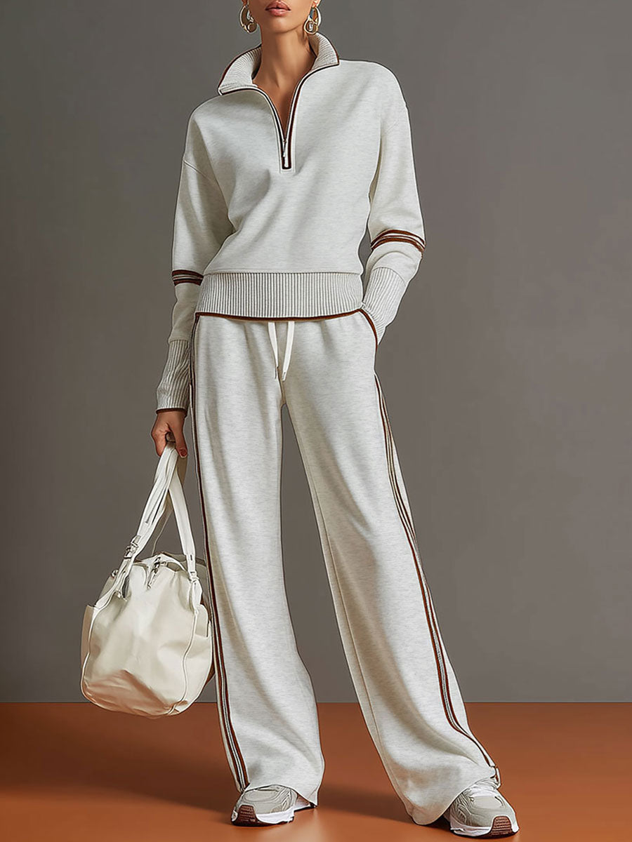 Vexara | Sporty Stripe Detail Quarter-Zip Top & Wide Leg Tracksuit Set