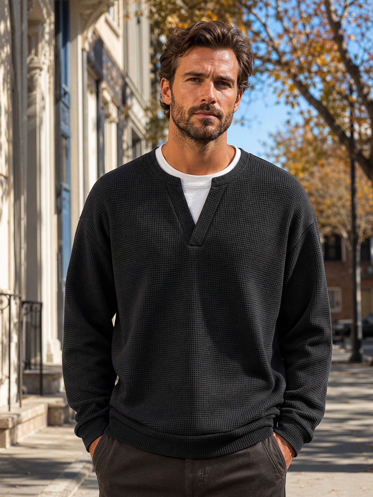 Gavran | Textured Notch Neck Casual Sweatshirt