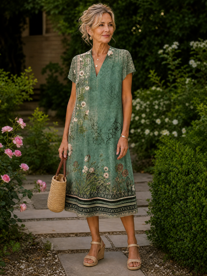 Lucinda | Vintage Floral V Neck Midi Dress