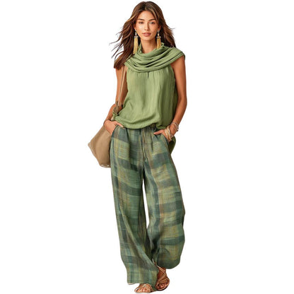 Araminta | Scarf Neck Top And Plaid Trouser Set