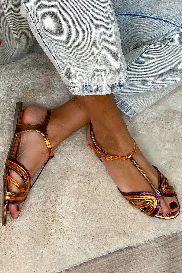Saffira | Metallic T Strap Flat Sandals