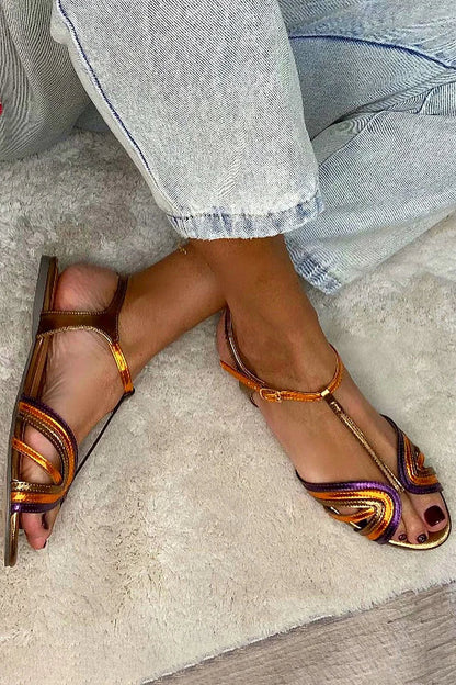 Saffira | Metallic T Strap Flat Sandals