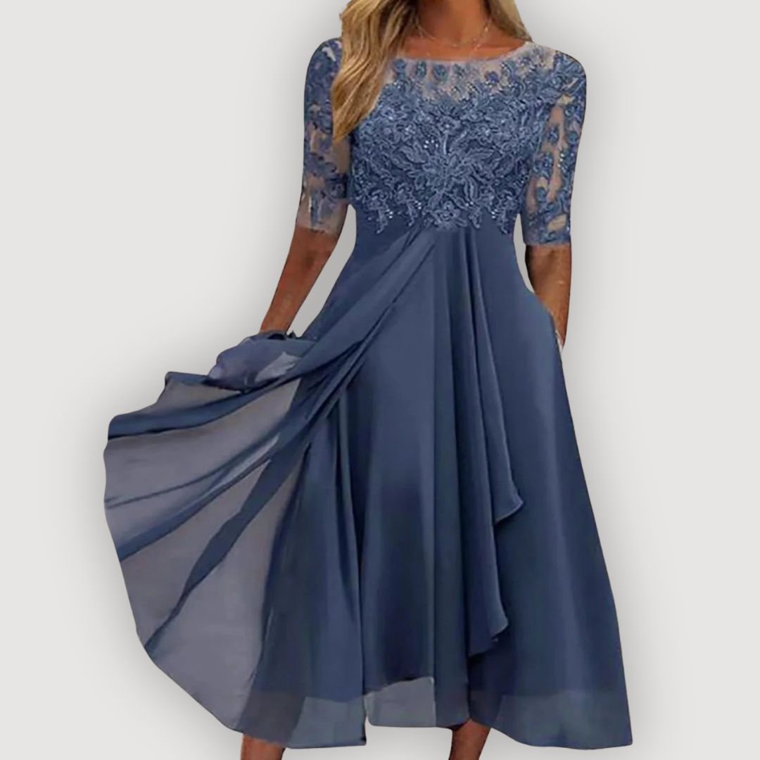 Elysoria | Embroidered Lace Midi Evening Dress