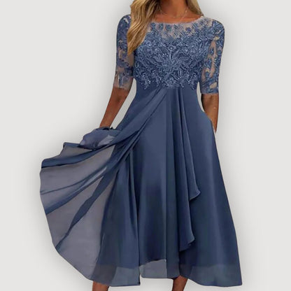 Elysoria | Embroidered Lace Midi Evening Dress
