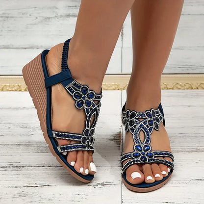 Avira | Rhinestone Flower Wedge Sandals