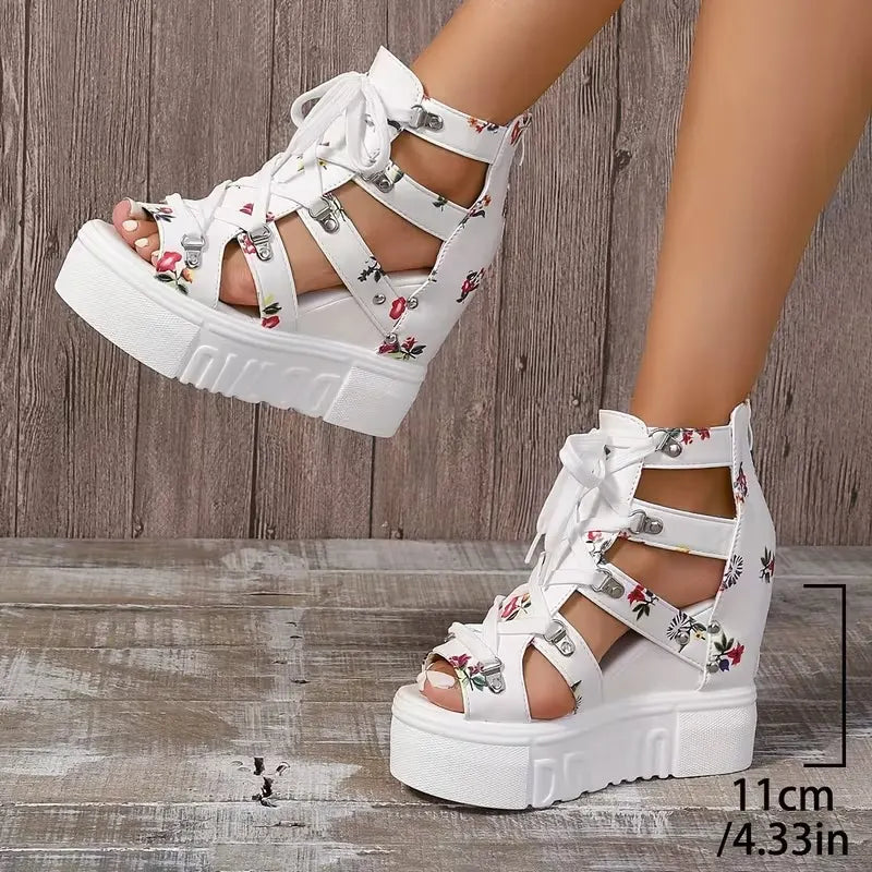 Xylara | Floral Lace Up Platform Sandals