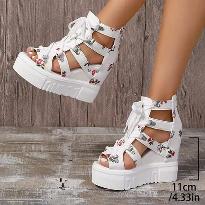 Xylara | Floral Lace Up Platform Sandals