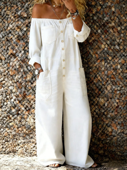 Stevie | Relaxed Off-Shoulder Button-Through Denim Jumpsuit