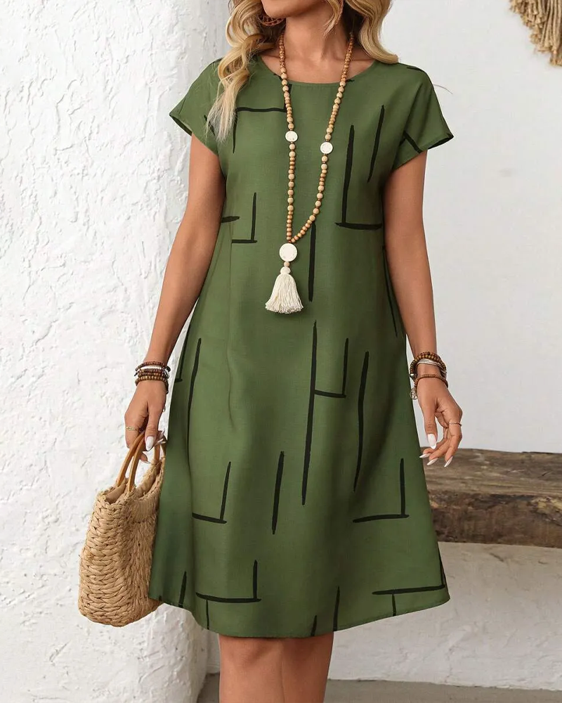 Sage | Geometric Print Round Neck Relaxed Midi Dress