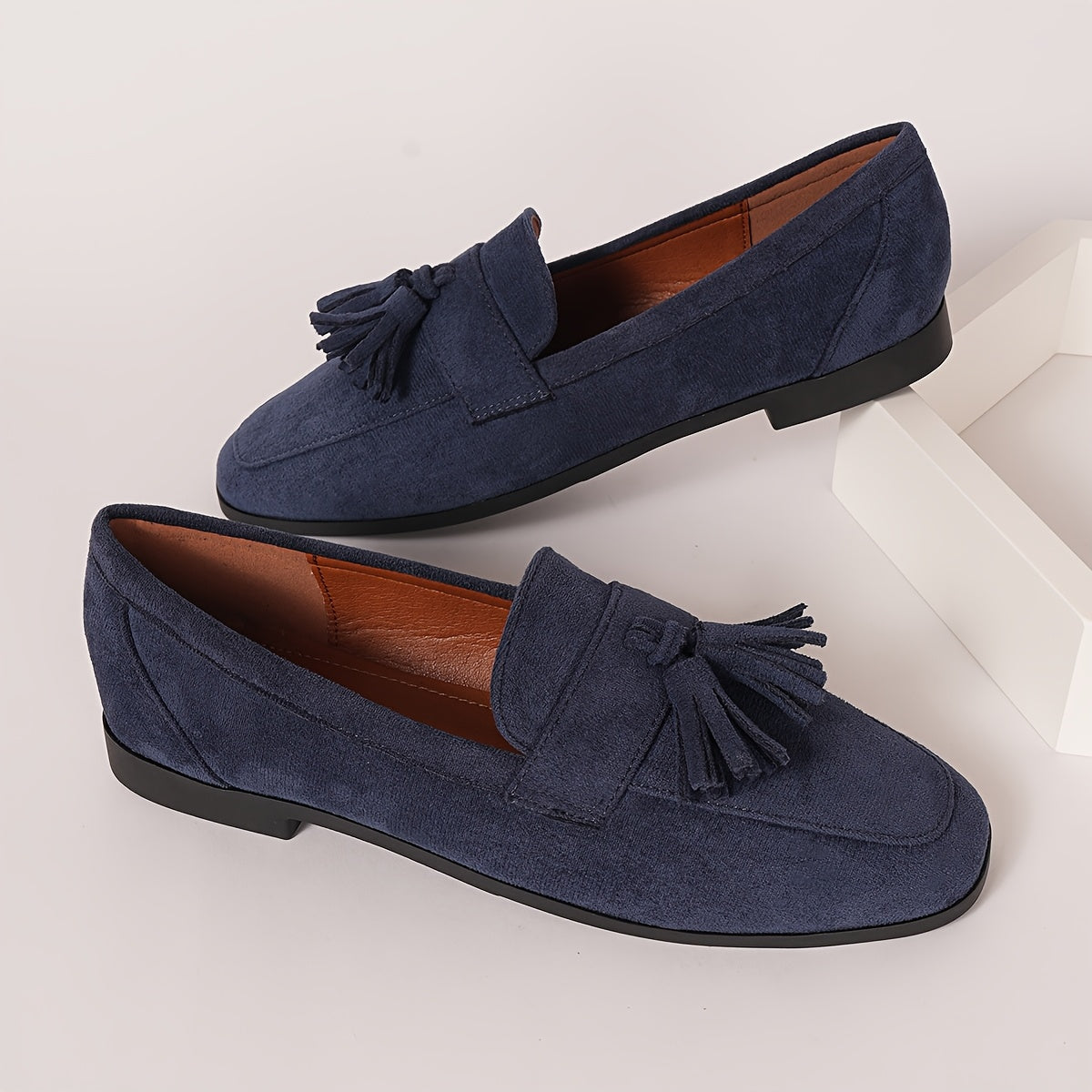 Sylvara | Navy Suede Tassel Detail Flat Smart Loafers