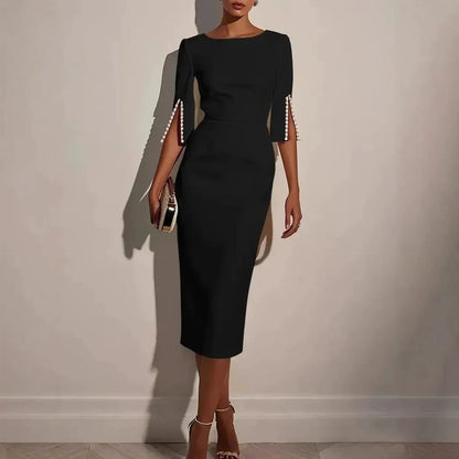 Kaliana | Elegant Pearl Sleeve Midi Dress
