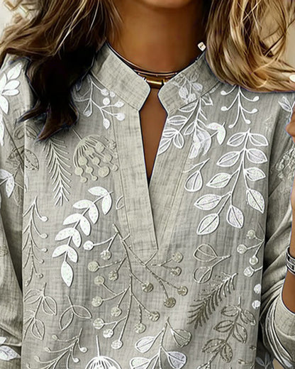 Flora | Botanical Print V-Neck Long Sleeve Blouse