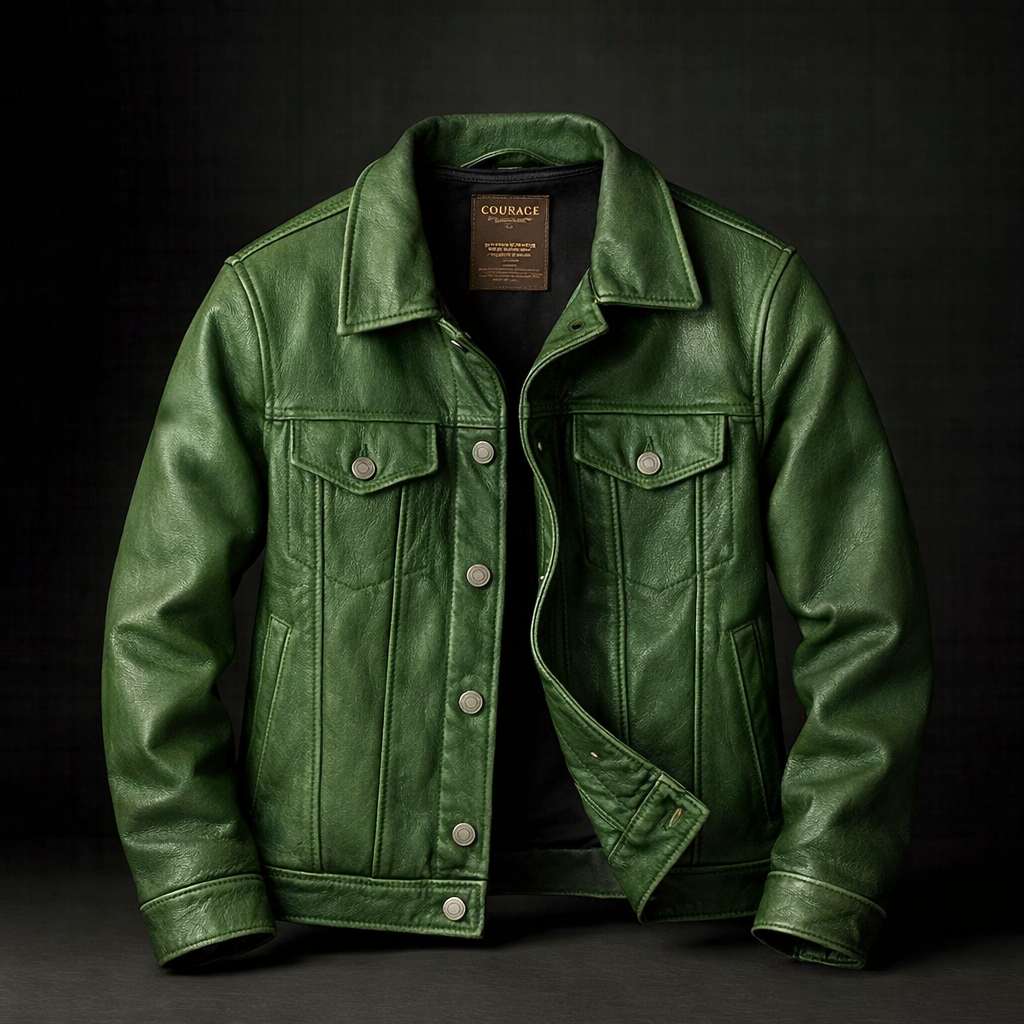 Cole | Vintage Style Green Real Leather Trucker Jacket