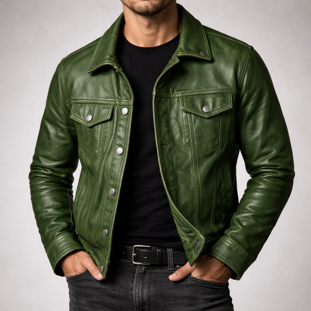 Cole | Vintage Style Green Real Leather Trucker Jacket