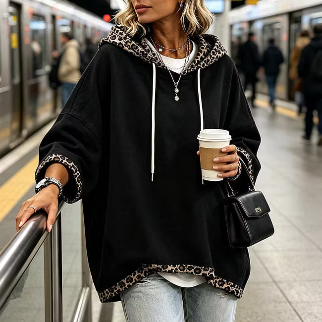 Rosamund | Relaxed Leopard Trim Hooded Sweatshirt