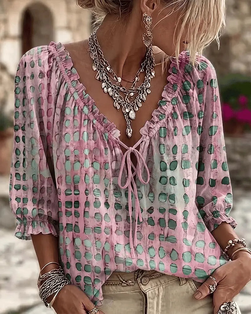 Kaelani | Textured Tie Neck Boho Blouse