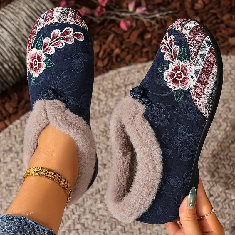 Petaline | Floral Embroidered Fleece Lined House Shoes