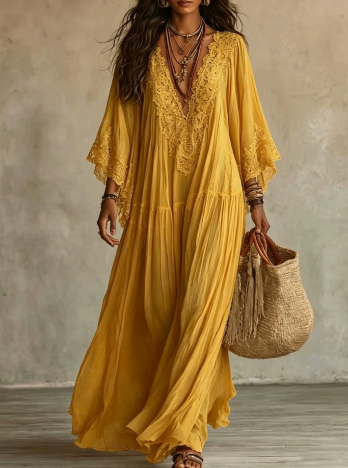 Quintessa | Bohemian Lace V Neck Maxi Dress