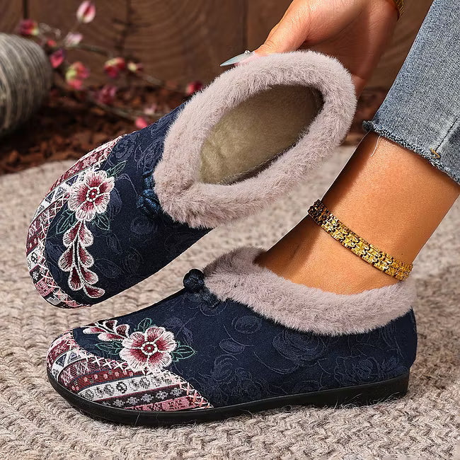 Petaline | Floral Embroidered Fleece Lined House Shoes