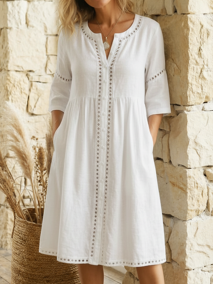 Kavryn | Linen Lace Trim Button Front Three-Quarter Sleeve Midi Dress