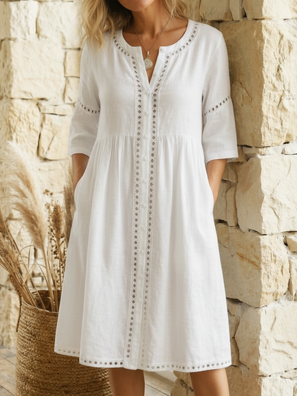 Kavryn | Linen Lace Trim Button Front Three-Quarter Sleeve Midi Dress