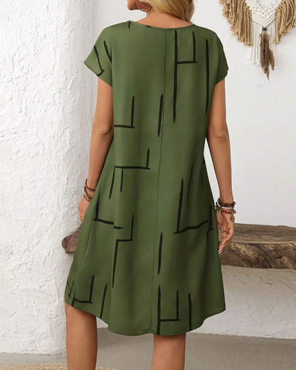 Sage | Geometric Print Round Neck Relaxed Midi Dress