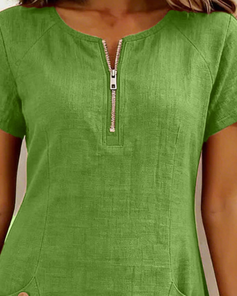 Wren | Linen Half-Zip Short Sleeve Pocket Mini Dress