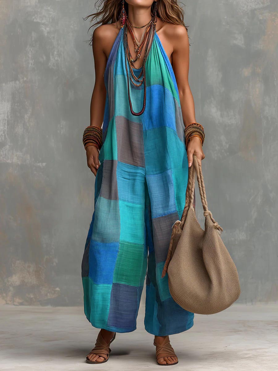 Zarella | Patchwork Halter Wide Leg Jumpsuit