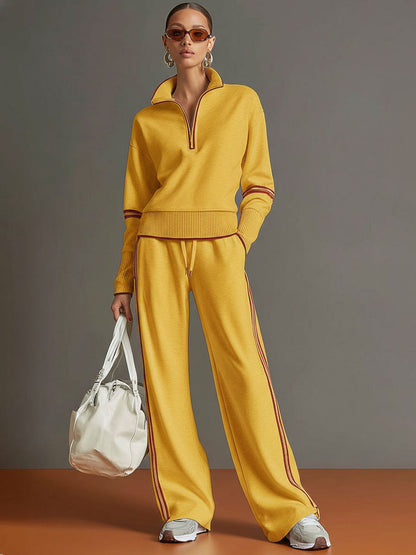 Vexara | Sporty Stripe Detail Quarter-Zip Top & Wide Leg Tracksuit Set