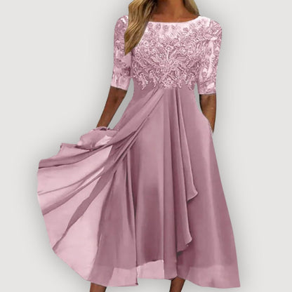 Elysoria | Embroidered Lace Midi Evening Dress