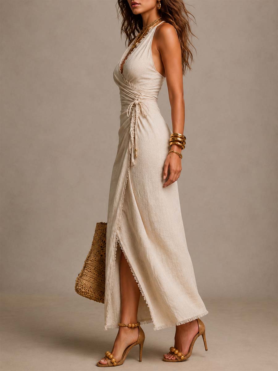 Alessara | Ruched Wrap Linen Maxi Dress