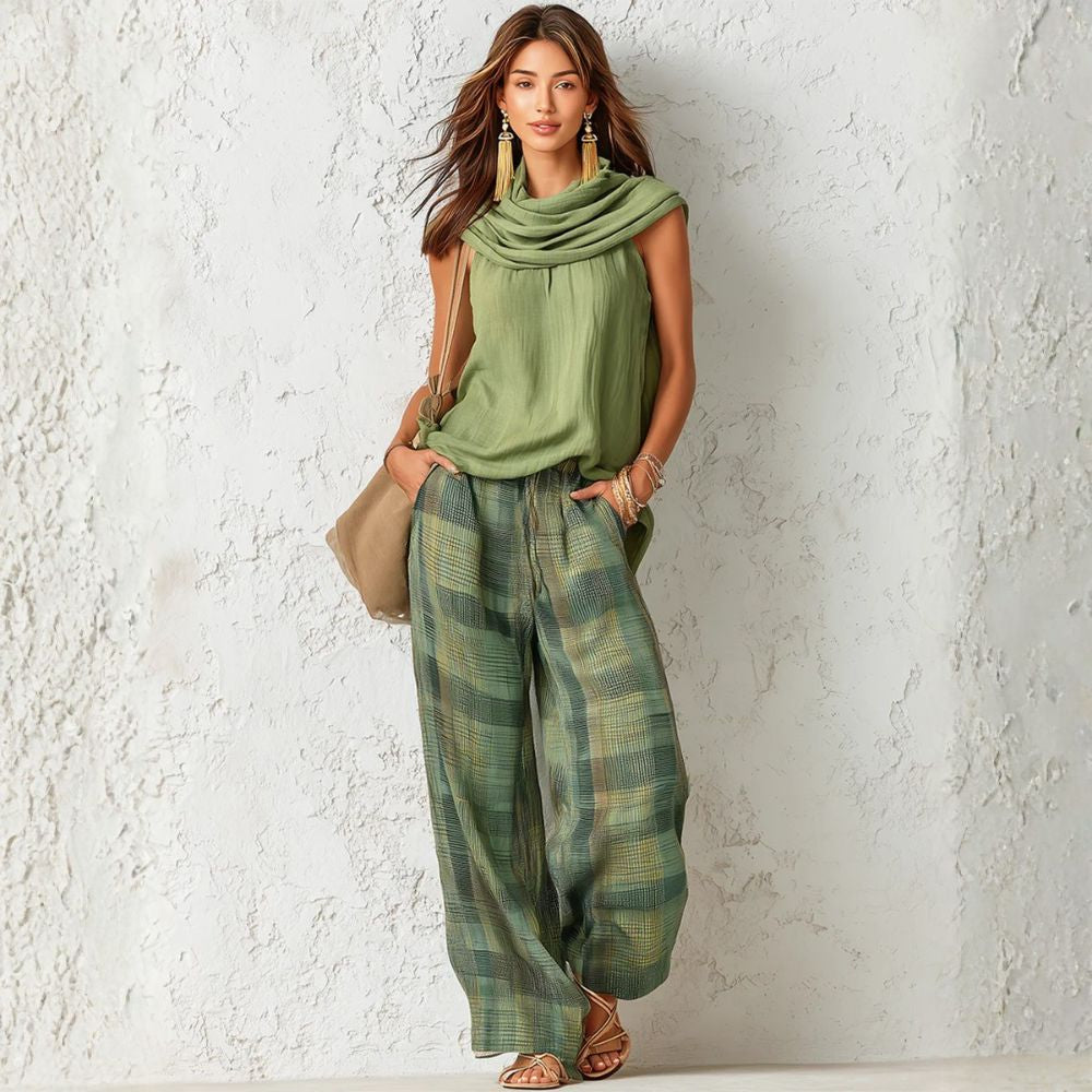 Araminta | Scarf Neck Top And Plaid Trouser Set