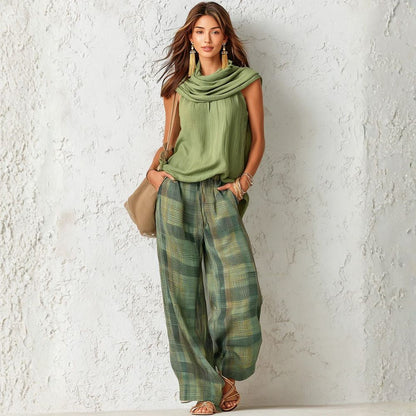 Araminta | Scarf Neck Top And Plaid Trouser Set