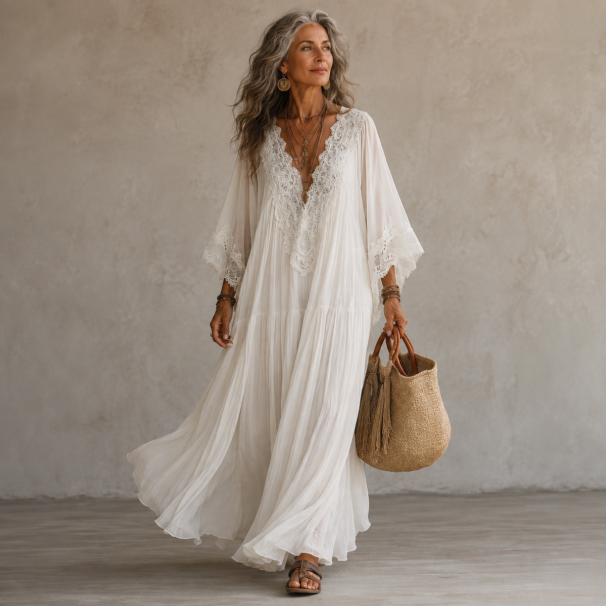 Quintessa | Bohemian Lace V Neck Maxi Dress
