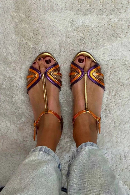 Saffira | Metallic T Strap Flat Sandals
