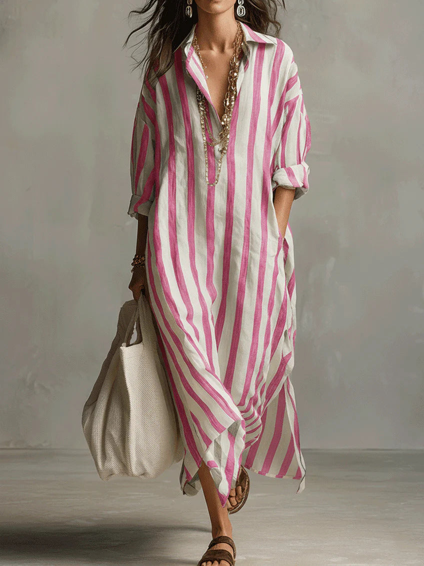 Sable | Bold Stripe Relaxed Roll-Sleeve Midi Shirt Dress