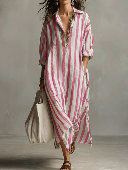 Sable | Bold Stripe Relaxed Roll-Sleeve Midi Shirt Dress