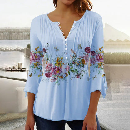 Sevryn | Floral Border Print Pintuck Button Notch Neck Three-Quarter Sleeve Top