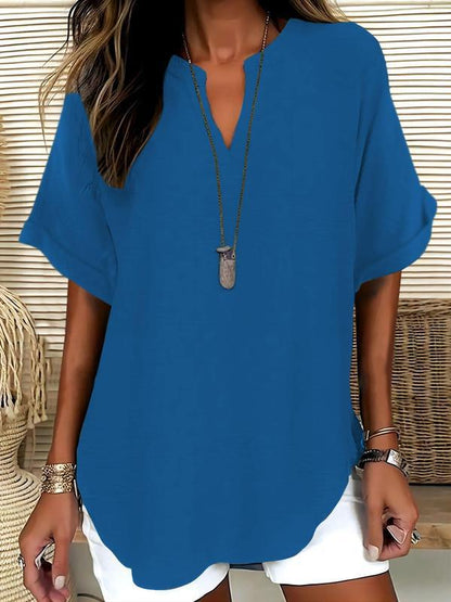 Zyvara | Linen Notch Neck Curved Hem Relaxed Short Sleeve Top