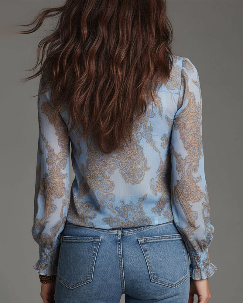 Delvara | Paisley Print Sheer Ruffle Zip Front Boho Blouse