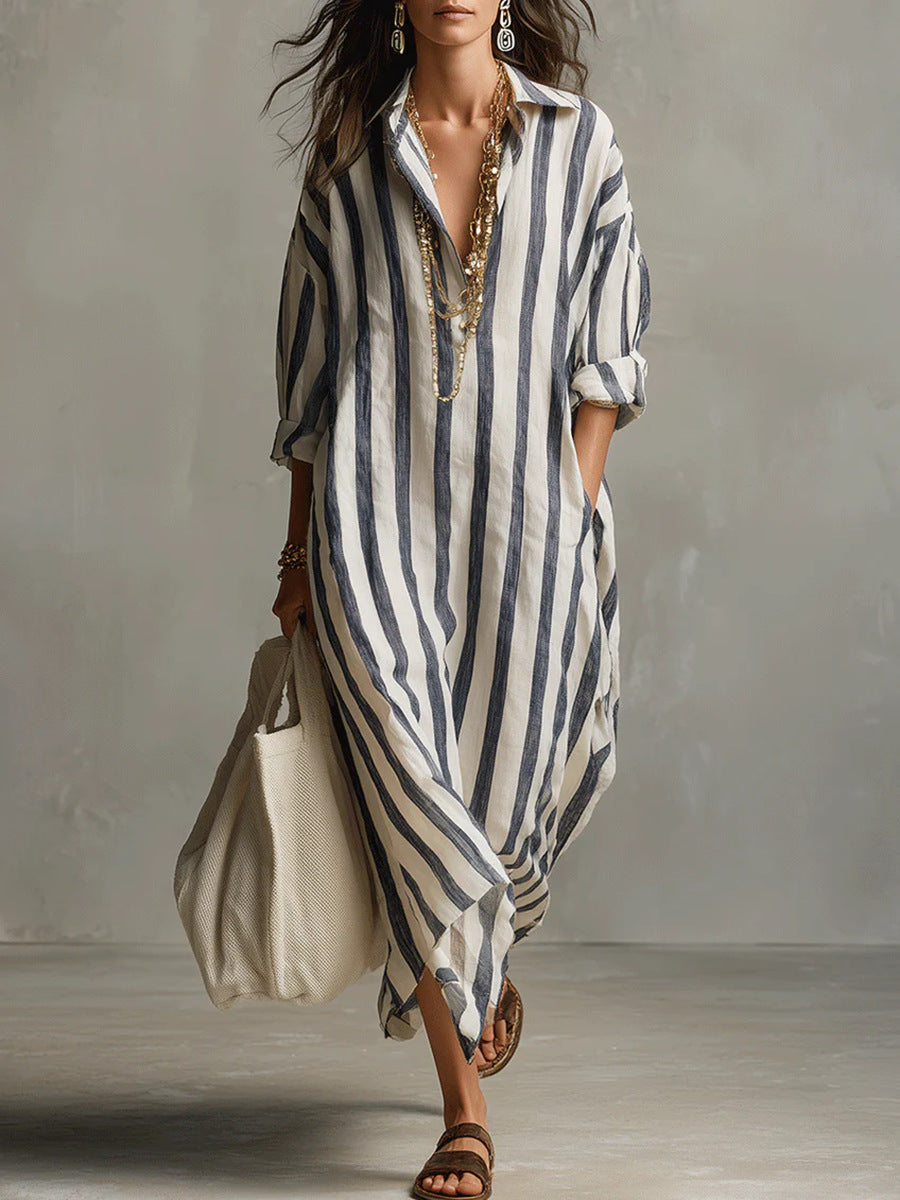 Sable | Bold Stripe Relaxed Roll-Sleeve Midi Shirt Dress