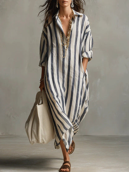 Sable | Bold Stripe Relaxed Roll-Sleeve Midi Shirt Dress
